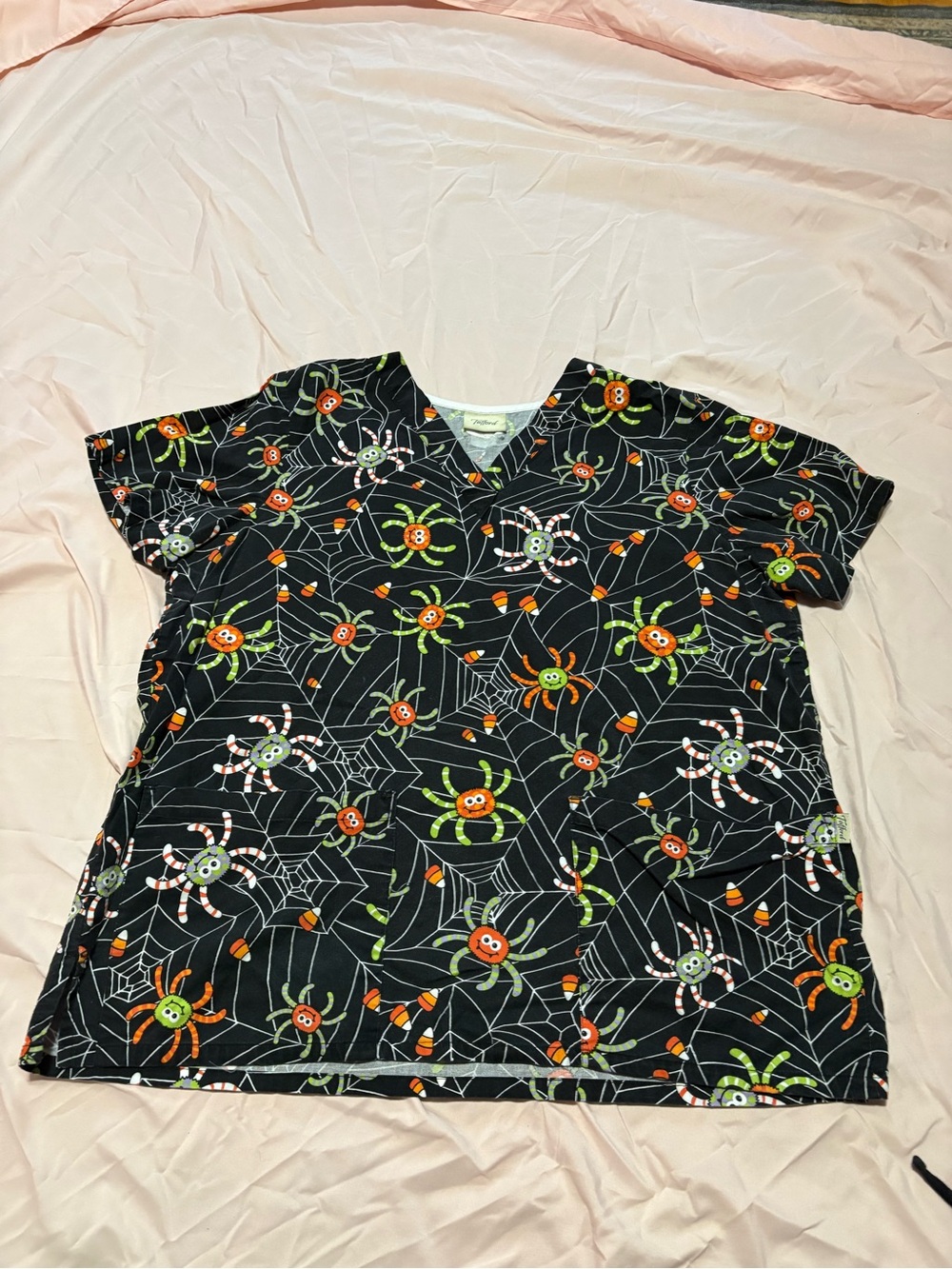 Halloween Spider Print Scrub Top - Black with Orange & Green Spiders